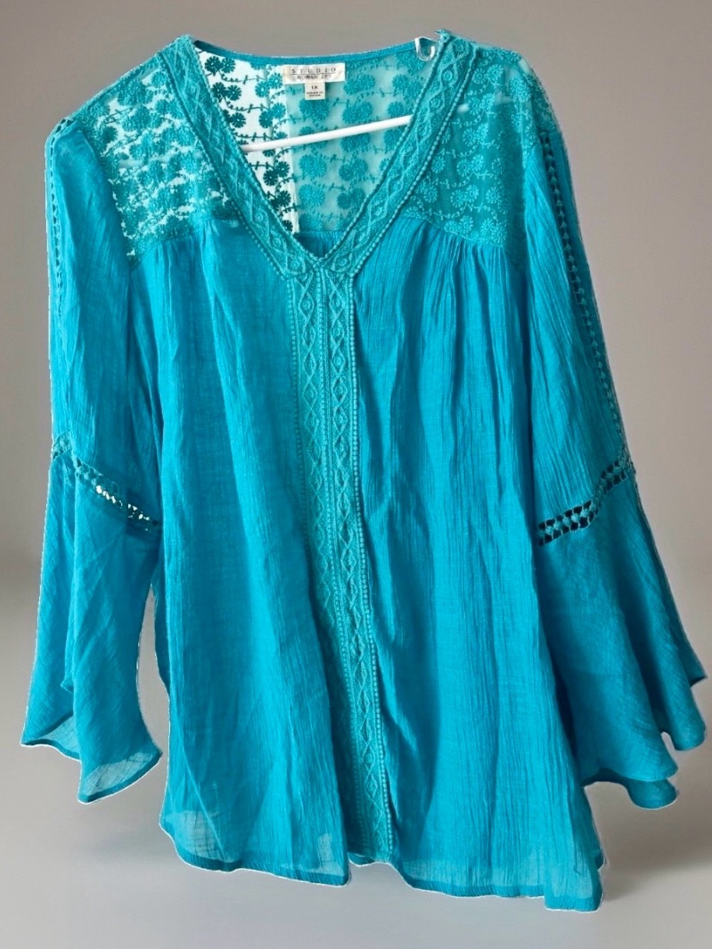 Womens Teal boho peasant blouse size 1x long bell sleeve lace embroidered shirt